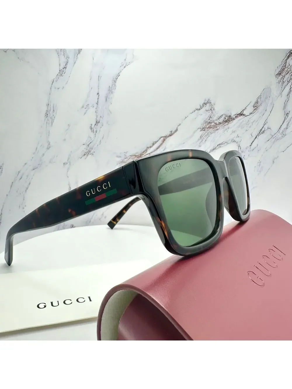 New GUCCI Sunglasses Brown Gold Red Green Web 55-20-145 mm Mens Square Gucci